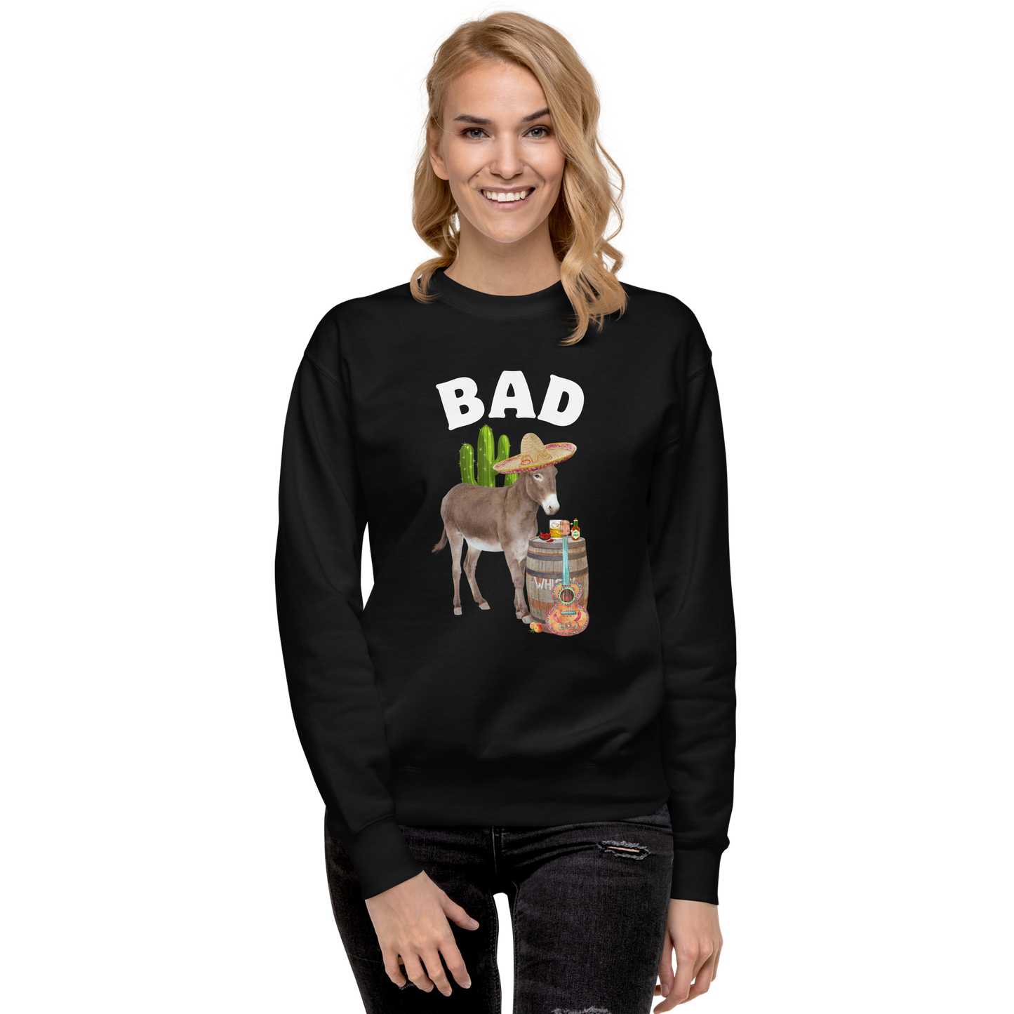 Smiling woman wearing a Black Bad Ass Donkey Graphic Premium Sweatshirt - Boozy Fox