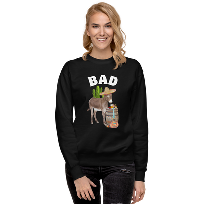 Smiling woman wearing a Black Bad Ass Donkey Graphic Premium Sweatshirt - Boozy Fox