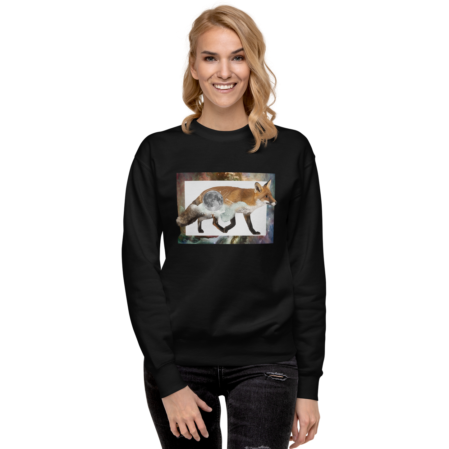Smiling woman wearing a Black Space Fox Graphic Premium Sweatshirt - Boozy Fox