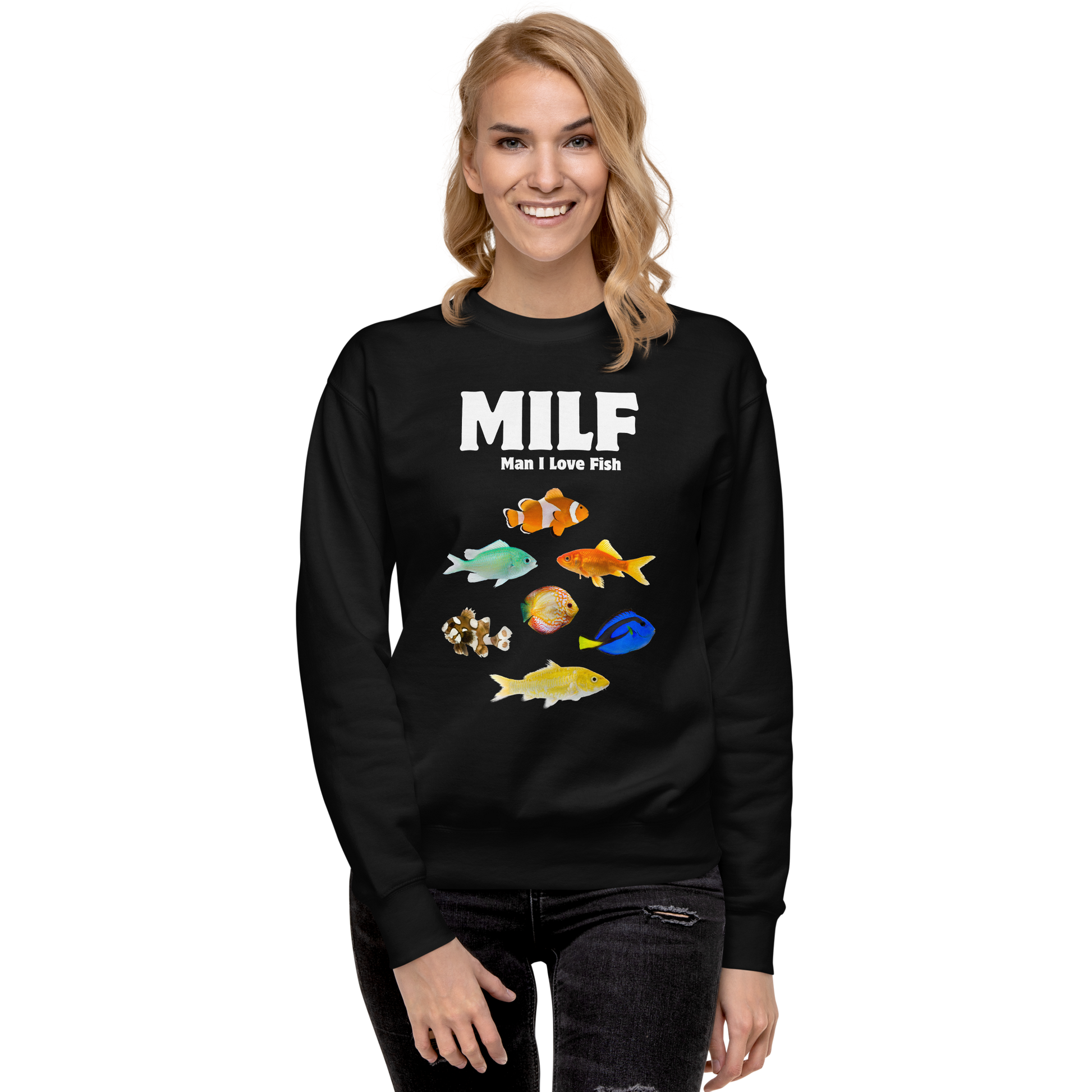 Smiling woman wearing a Black Man I Love Fish Graphic Premium Sweatshirt - Boozy Fox