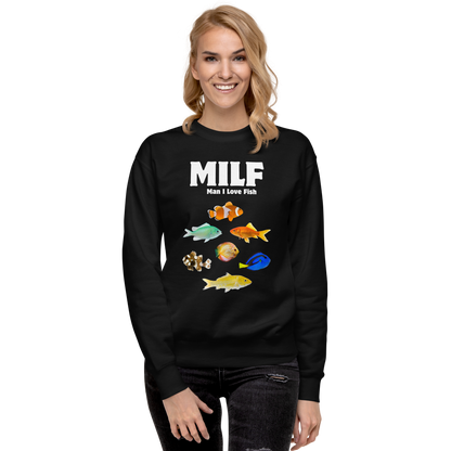 Smiling woman wearing a Black Man I Love Fish Graphic Premium Sweatshirt - Boozy Fox