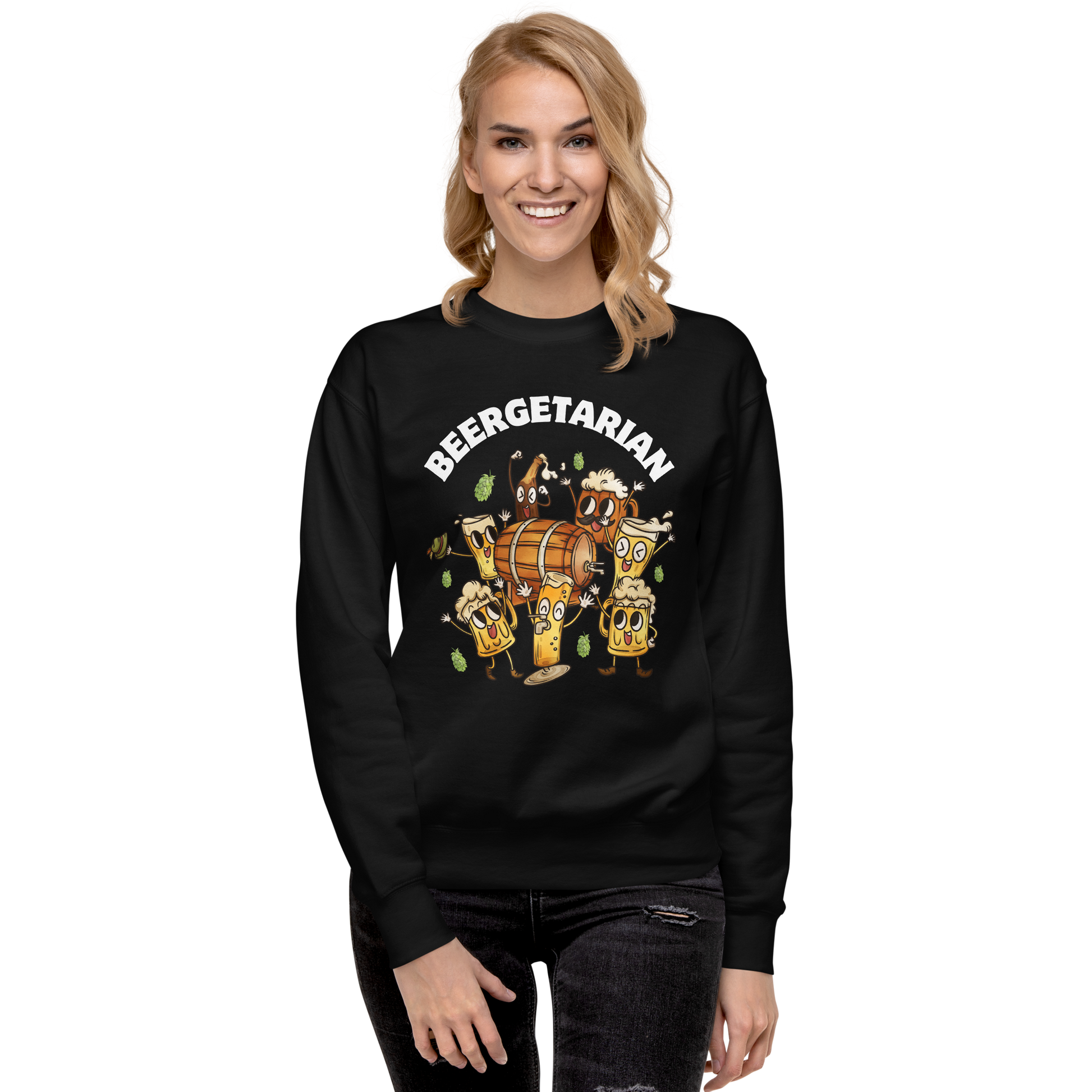 Smiling woman wearing a black Beergetarian Beer Graphic Premium Sweatshirt - Boozy Fox