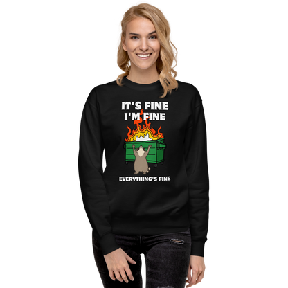 Woman wearing a Funny Dumpster Fire Raccoon premium graphic sweatshirt in black by Boozy Fox