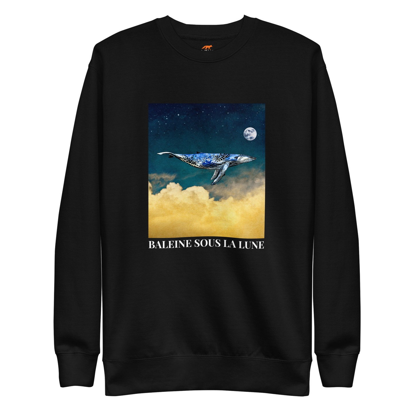 Black Premium Whale Sweatshirt featuring a majestic Whale Under The Moon graphic on the chest - Cool Graphic Whale Sweatshirts - Boozy Fox