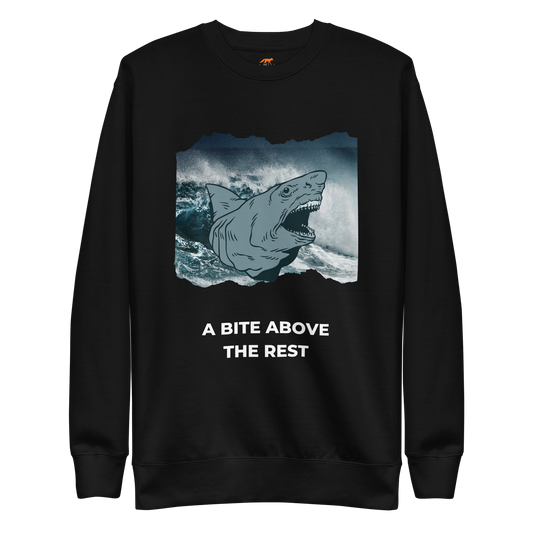 Black Premium Megalodon Sweatshirt featuring the jaw-dropping 'A Bite Above the Rest' graphic on the chest - Funny Graphic Megalodon Sweatshirts - Boozy Fox