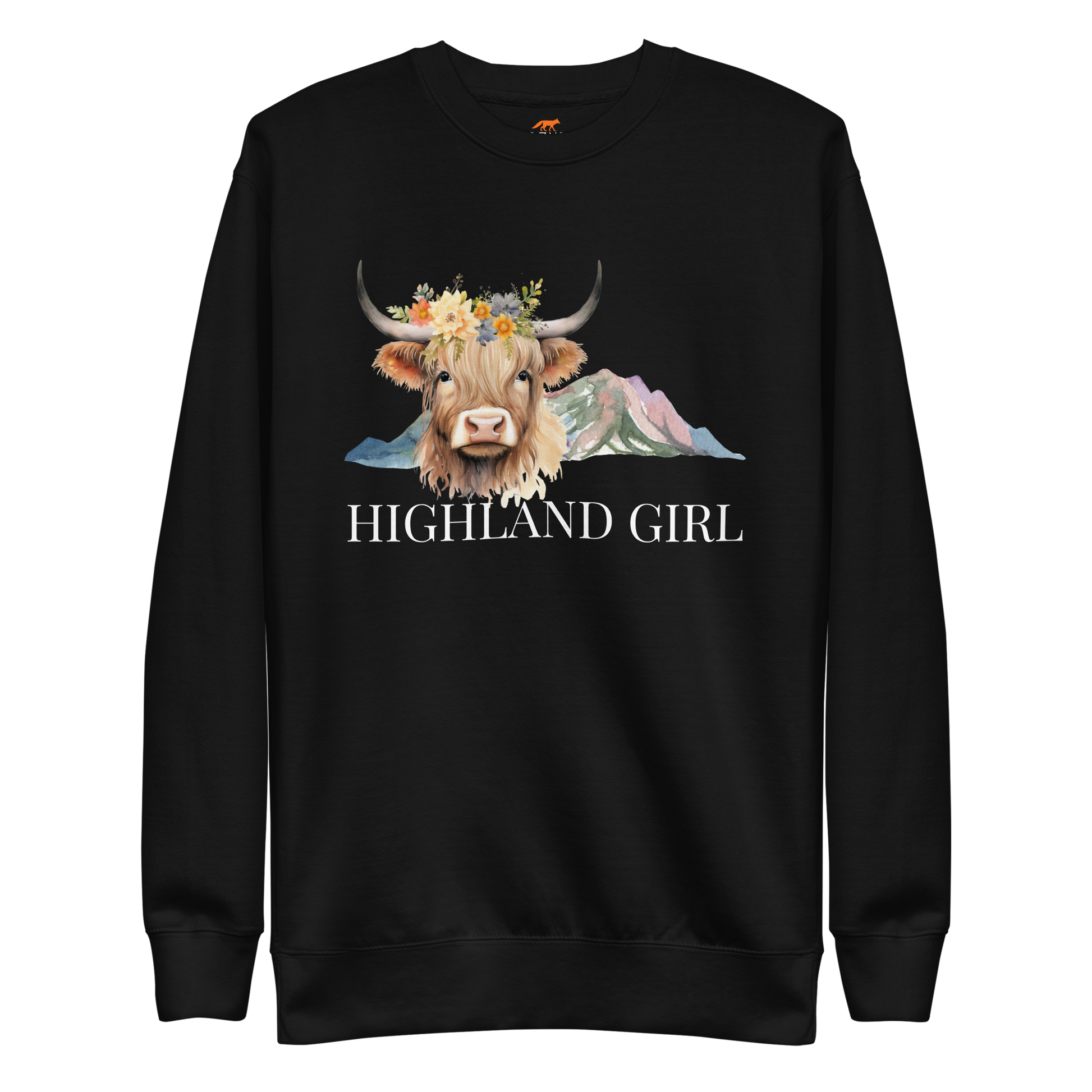 Black Premium Highland Cow Sweatshirt featuring an adorable Highland Girl graphic on the chest - Cute Graphic Highland Cow Sweatshirts - Boozy Fox