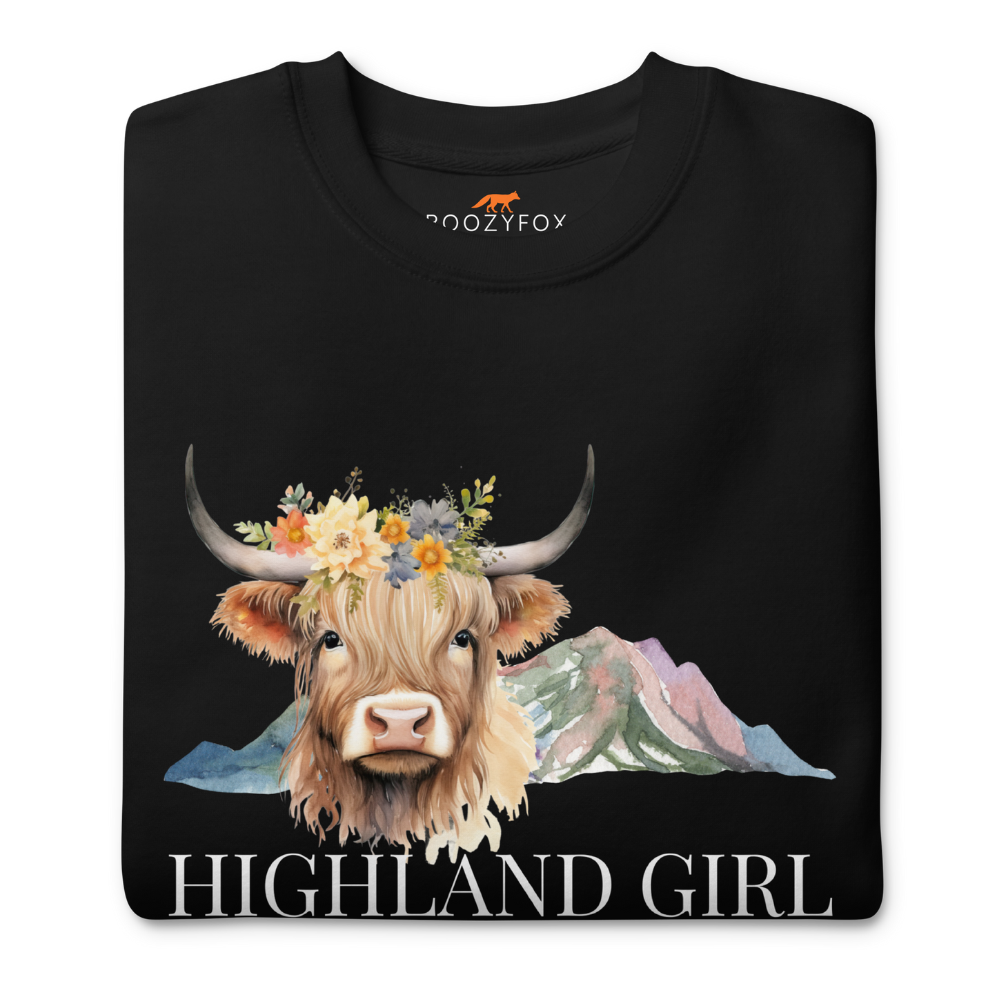 Front details of a Black Premium Highland Cow Sweatshirt featuring an adorable Highland Girl graphic on the chest - Cute Graphic Highland Cow Sweatshirts - Boozy Fox