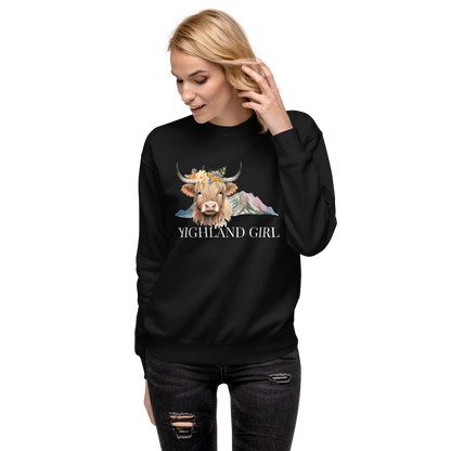 Woman wearing a Black Premium Highland Cow Sweatshirt featuring an adorable Highland Girl graphic on the chest - Cute Graphic Highland Cow Sweatshirts - Boozy Fox