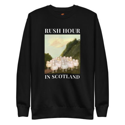 Black Premium Sheep Sweatshirt featuring a comical Rush Hour In Scotland graphic on the chest - Artsy/Funny Graphic Sheep Sweatshirts - Boozy Fox