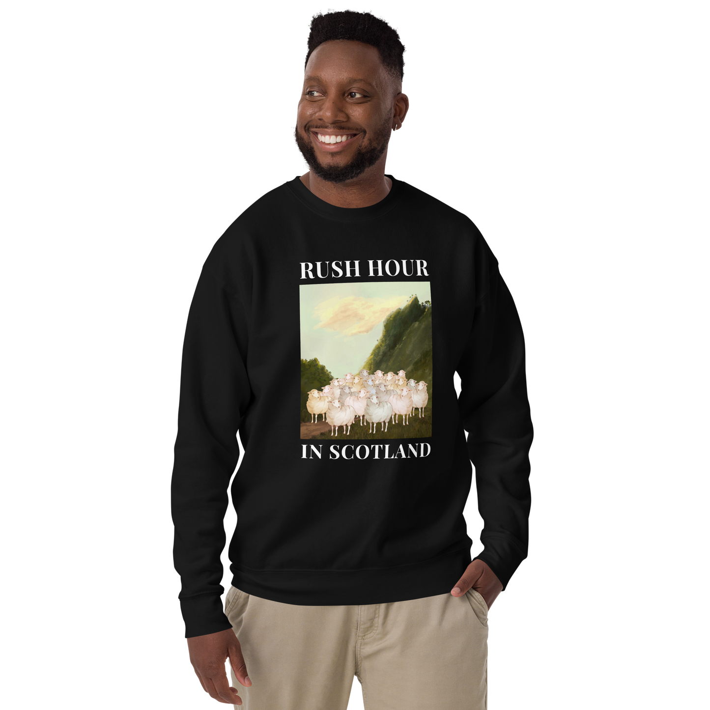 Man wearing a Black Premium Sheep Sweatshirt featuring a comical Rush Hour In Scotland graphic on the chest - Artsy/Funny Graphic Sheep Sweatshirts - Boozy Fox