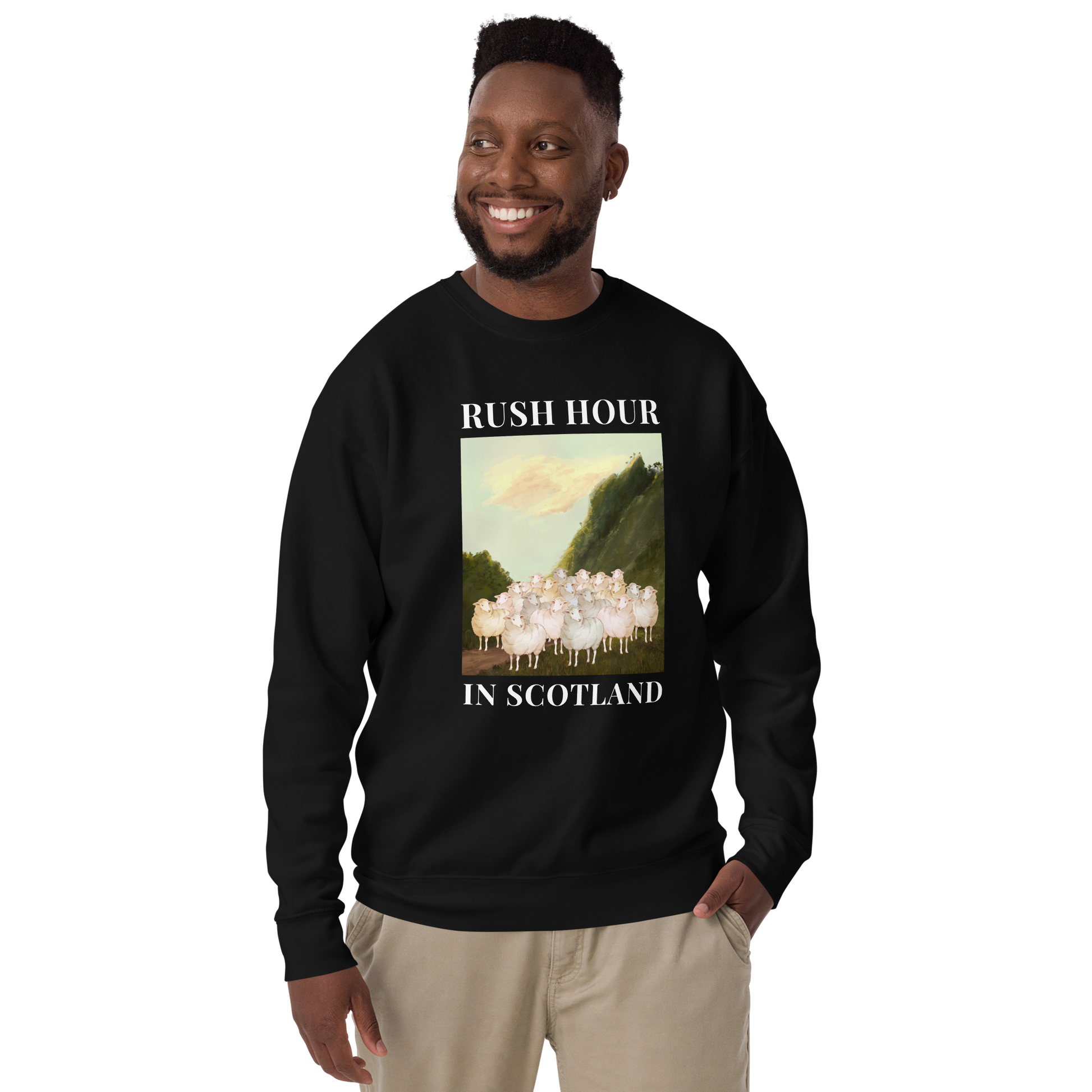 Man wearing a Black Premium Sheep Sweatshirt featuring a comical Rush Hour In Scotland graphic on the chest - Artsy/Funny Graphic Sheep Sweatshirts - Boozy Fox