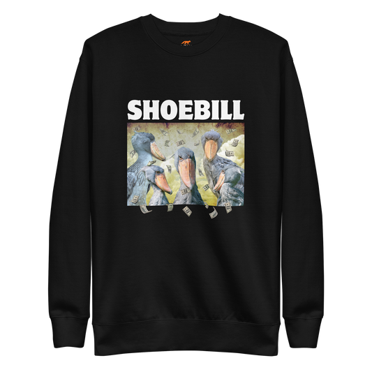 Black Premium Shoebill Sweatshirt featuring a cool Shoebill graphic on the chest - Artsy/Funny Graphic Shoebill Stork Sweatshirts - Boozy Fox