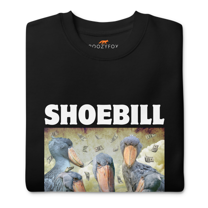 Front details of a Black Premium Shoebill Sweatshirt featuring a cool Shoebill graphic on the chest - Artsy/Funny Graphic Shoebill Stork Sweatshirts - Boozy Fox