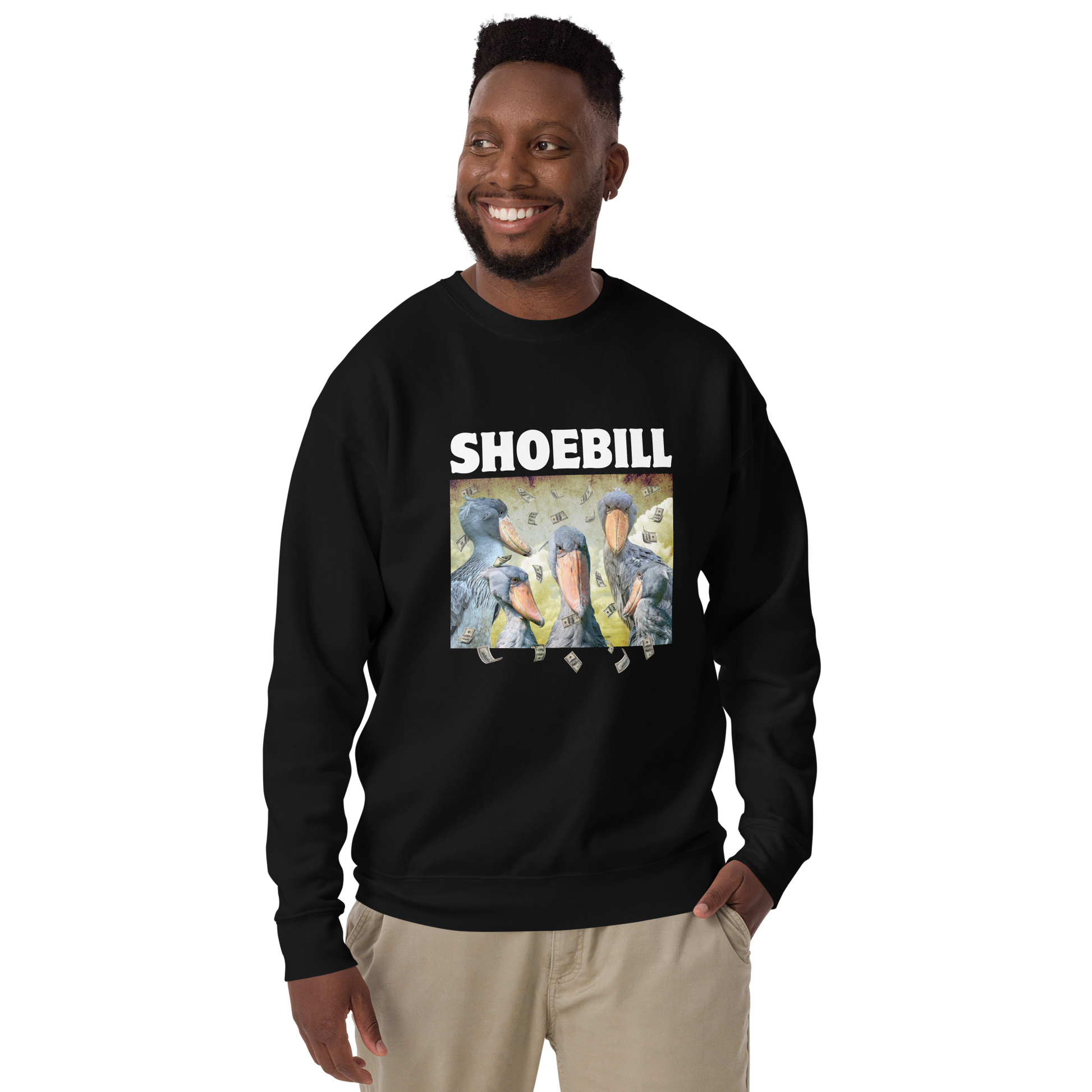 Man wearing a Black Premium Shoebill Sweatshirt featuring a cool Shoebill graphic on the chest - Artsy/Funny Graphic Shoebill Stork Sweatshirts - Boozy Fox