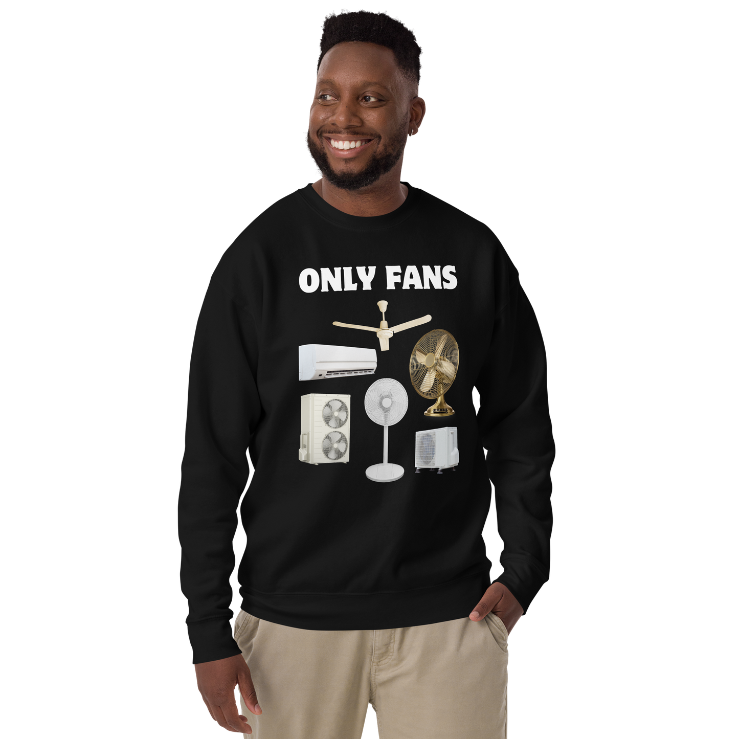 Smiling man wearing a Black Only Fans Graphic Premium Sweatshirt - Boozy Fox