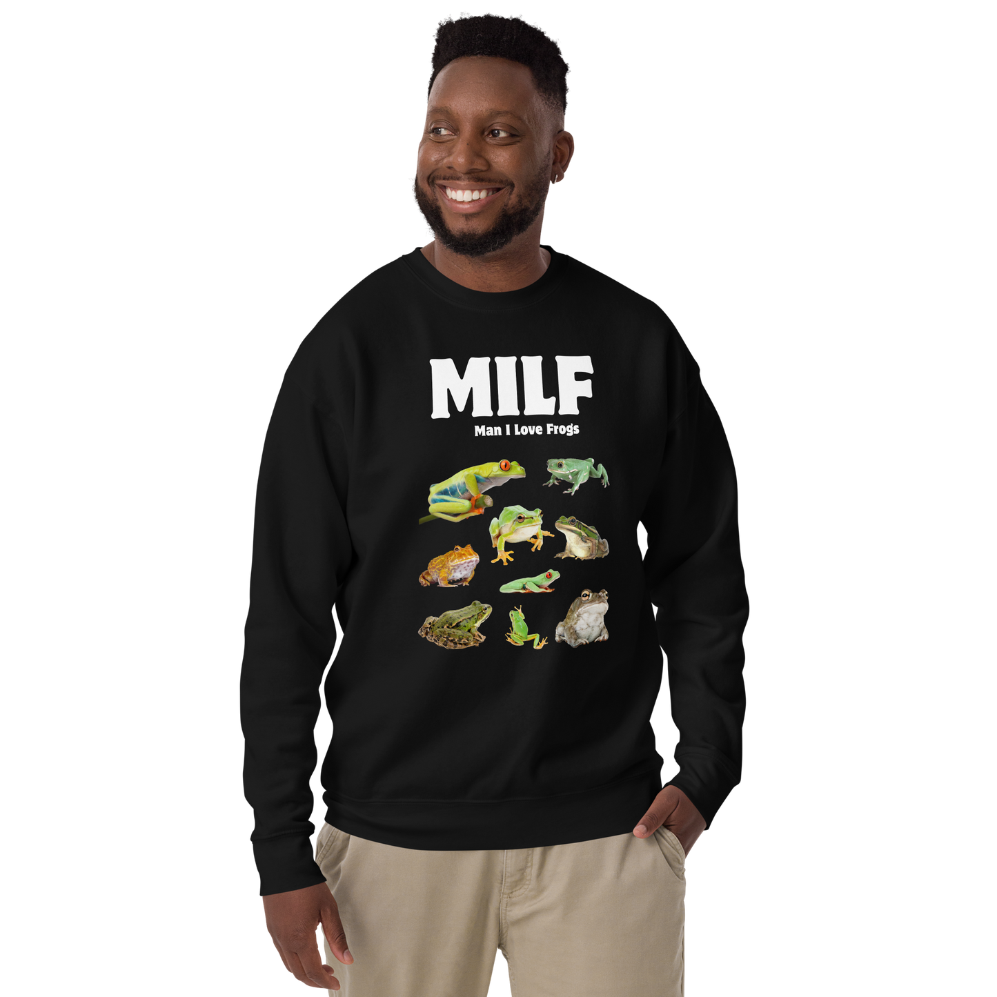 Smiling man wearing a Black Man I Love Frogs Graphic Premium Sweatshirt - Boozy Fox