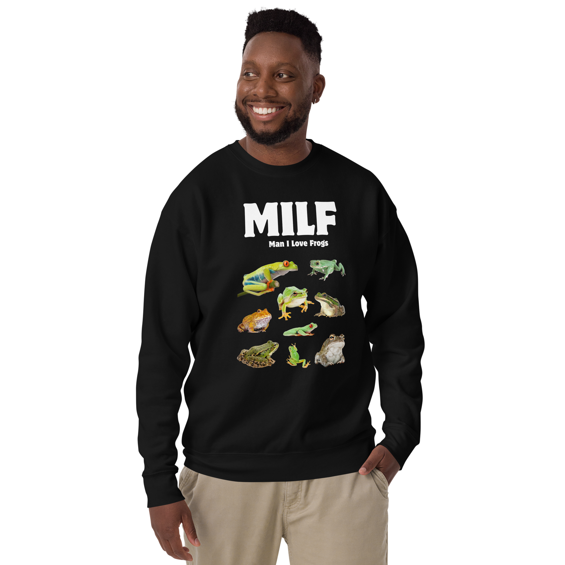 Smiling man wearing a Black Man I Love Frogs Graphic Premium Sweatshirt - Boozy Fox