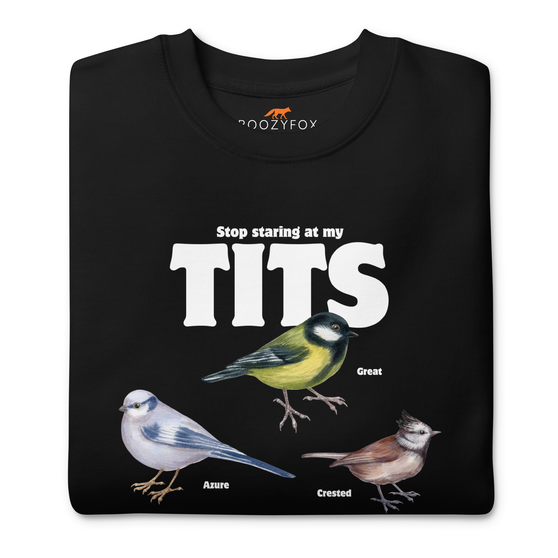 Front details of a Black Stop Staring At My Tits Graphic Premium Sweatshirt - Boozy Fox