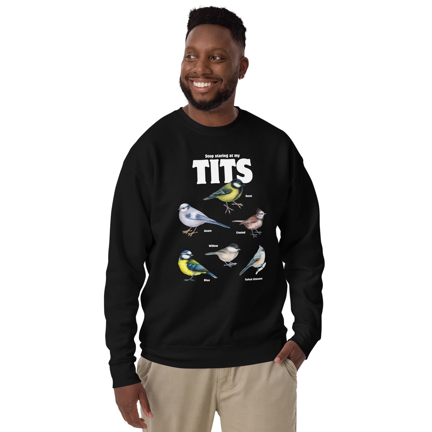 Smiling man wearing a Black Stop Staring At My Tits Graphic Premium Sweatshirt - Boozy Fox