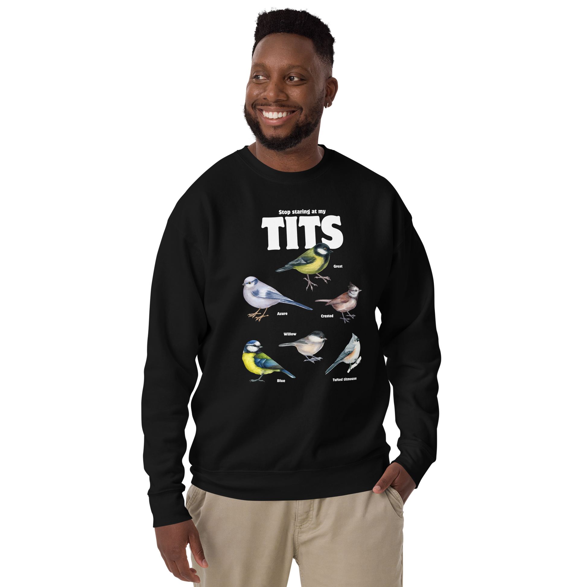 Smiling man wearing a Black Stop Staring At My Tits Graphic Premium Sweatshirt - Boozy Fox