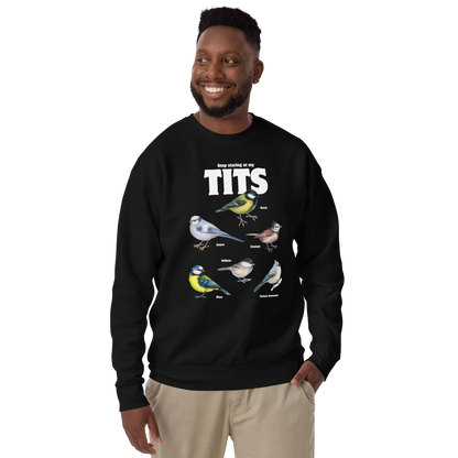Smiling man wearing a Black Stop Staring At My Tits Graphic Premium Sweatshirt - Boozy Fox