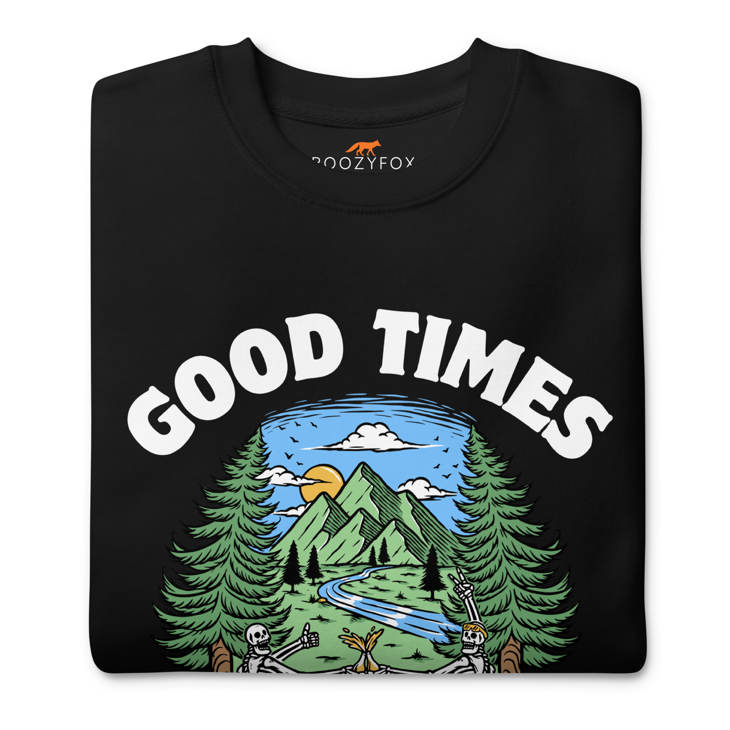 Front details of a Black Good Times Bad Friends Graphic Premium Sweatshirt - Boozy Fox