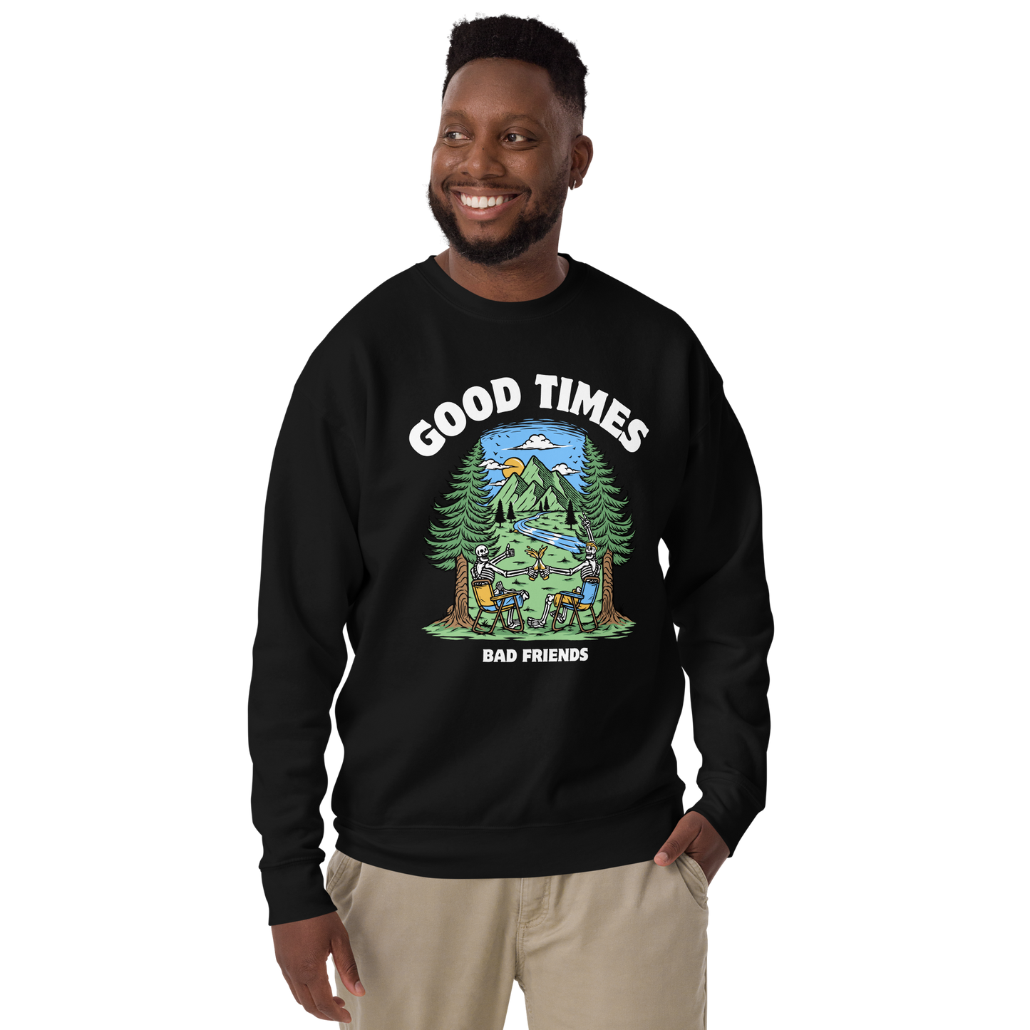 Smiling man wearing a Black Good Times Bad Friends Graphic Premium Sweatshirt - Boozy Fox