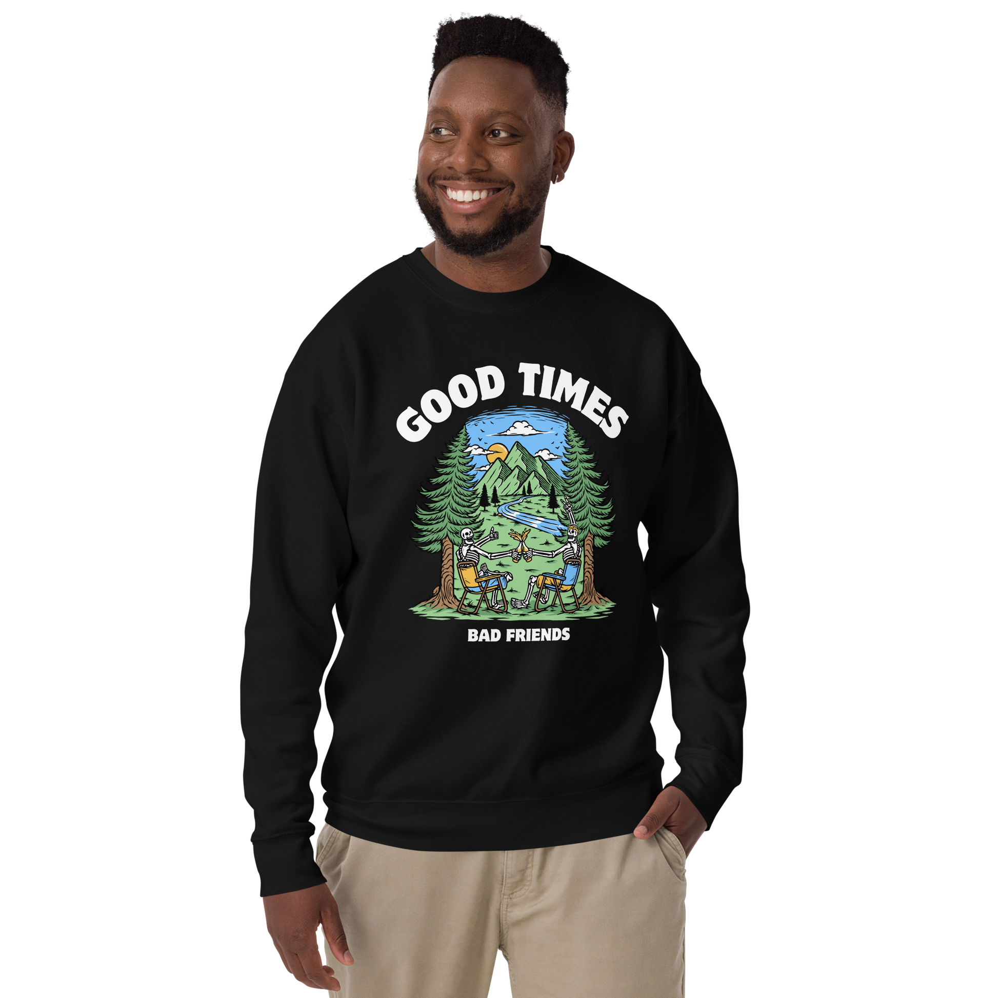 Smiling man wearing a Black Good Times Bad Friends Graphic Premium Sweatshirt - Boozy Fox