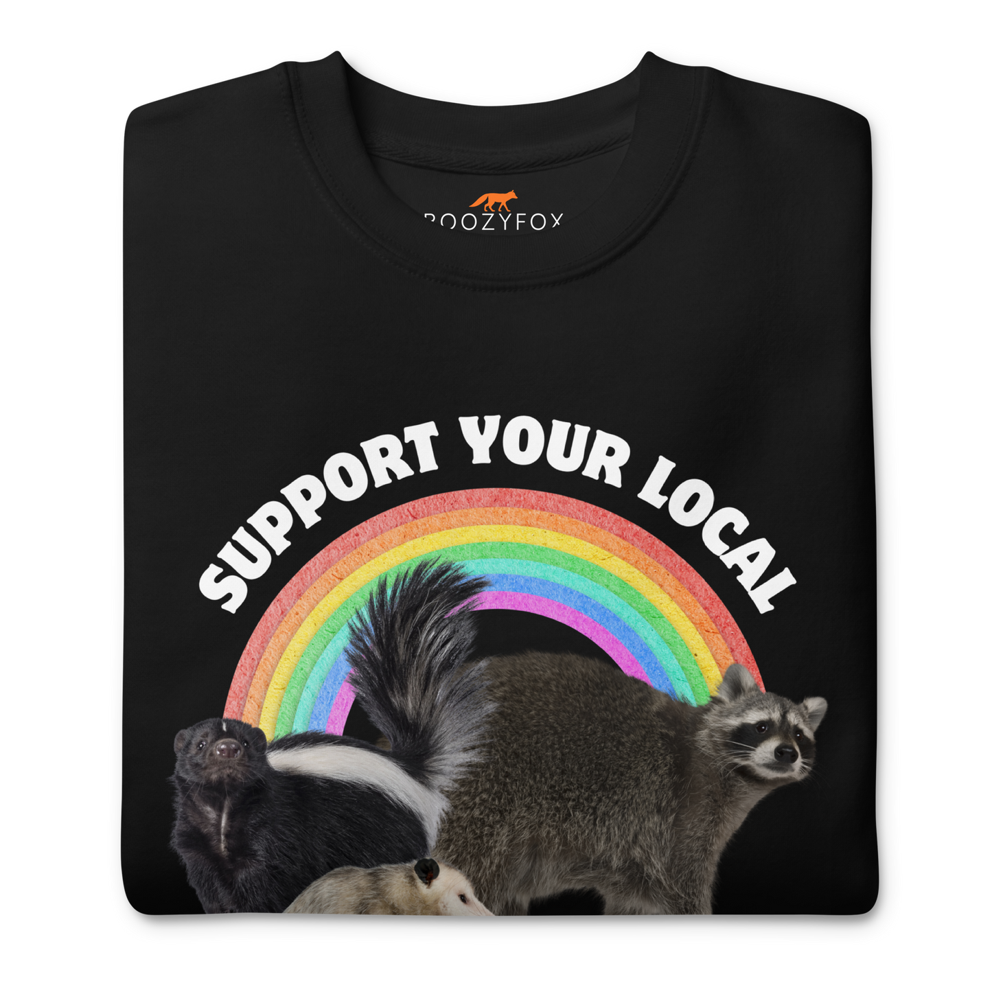 Front details of a Black Support Your Local Street Cats Graphic Premium Sweatshirt - Boozy Fox