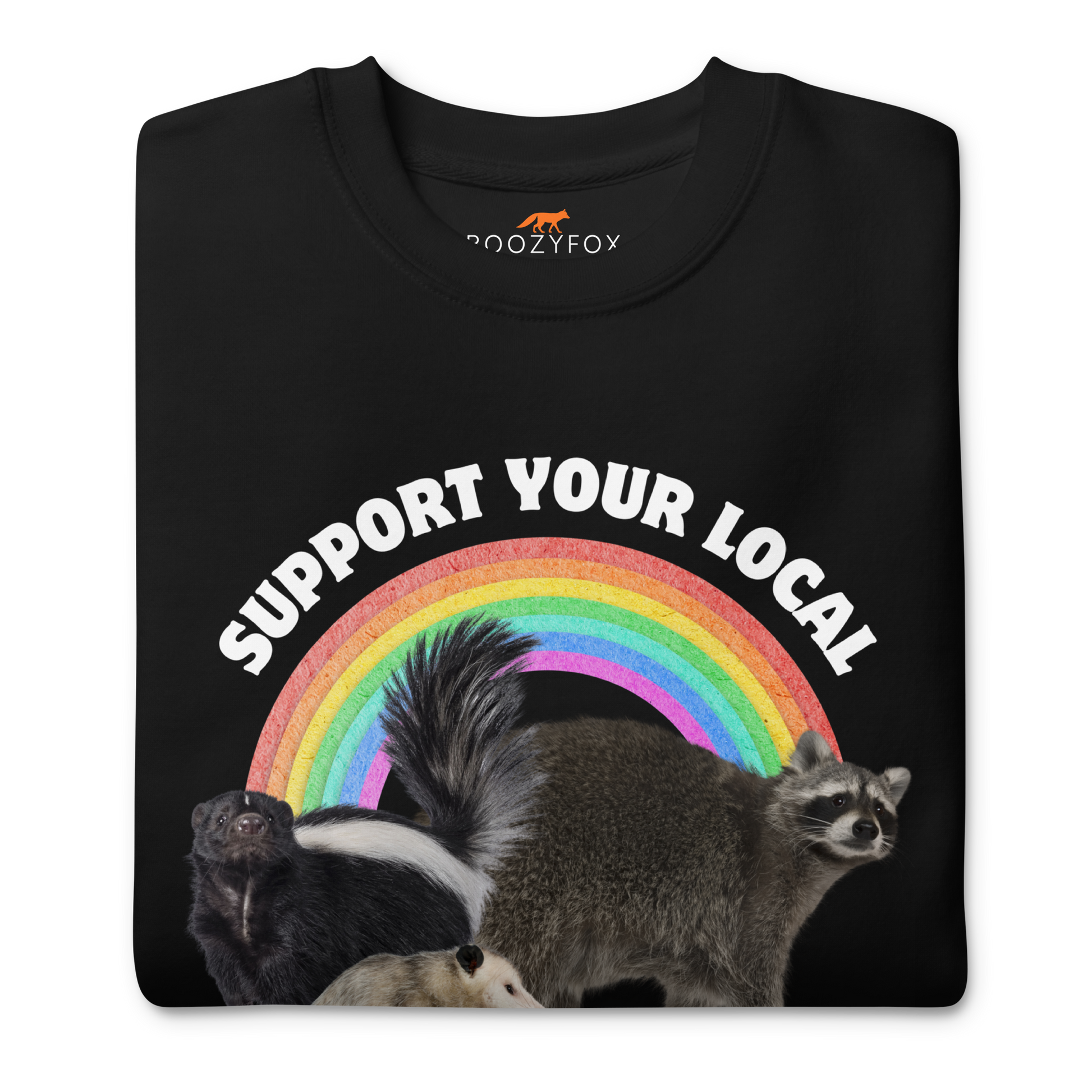Front details of a Black Support Your Local Street Cats Graphic Premium Sweatshirt - Boozy Fox