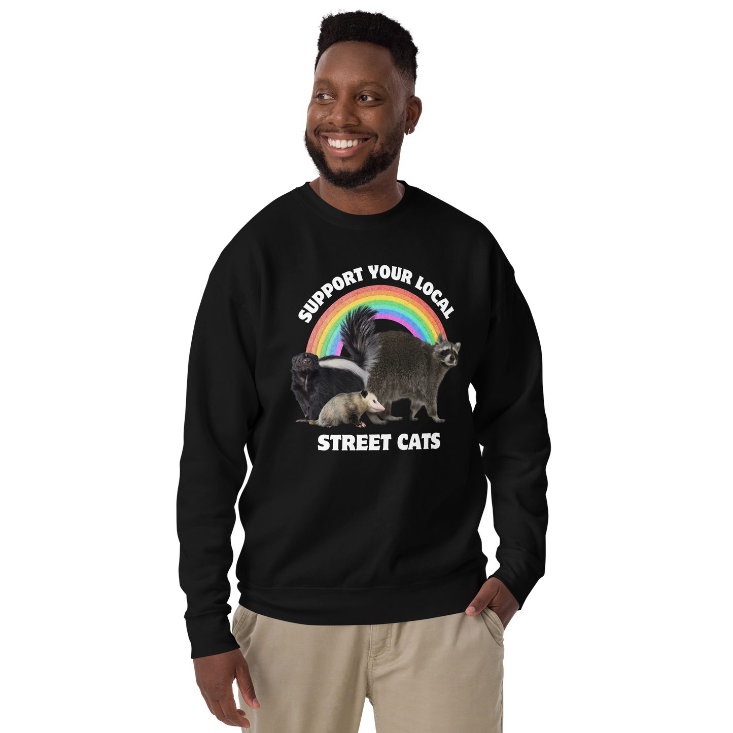 Smiling man wearing a Black Support Your Local Street Cats Graphic Premium Sweatshirt - Boozy Fox