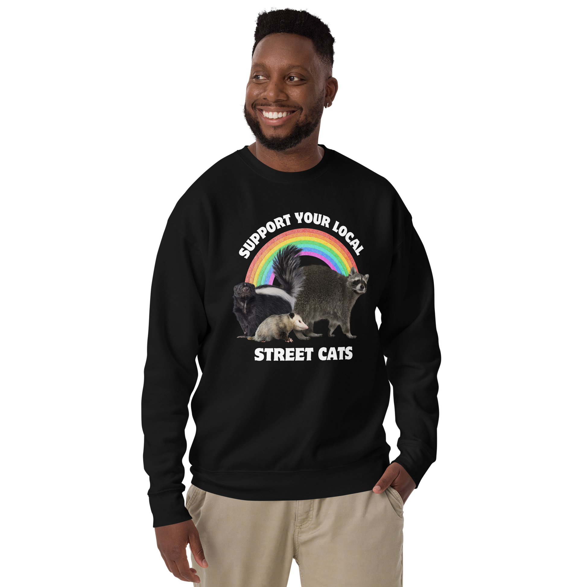 Smiling man wearing a Black Support Your Local Street Cats Graphic Premium Sweatshirt - Boozy Fox