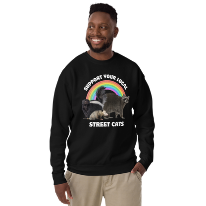 Smiling man wearing a Black Support Your Local Street Cats Graphic Premium Sweatshirt - Boozy Fox