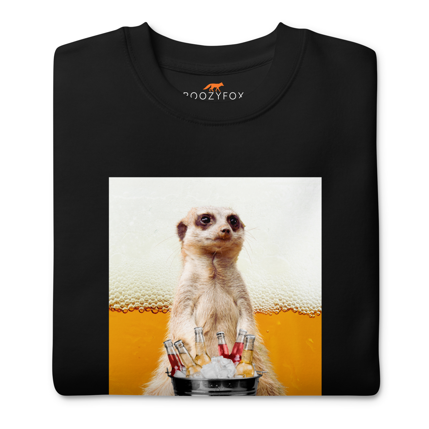Front details of a Black Meerkat Graphic Premium Sweatshirt - Boozy Fox