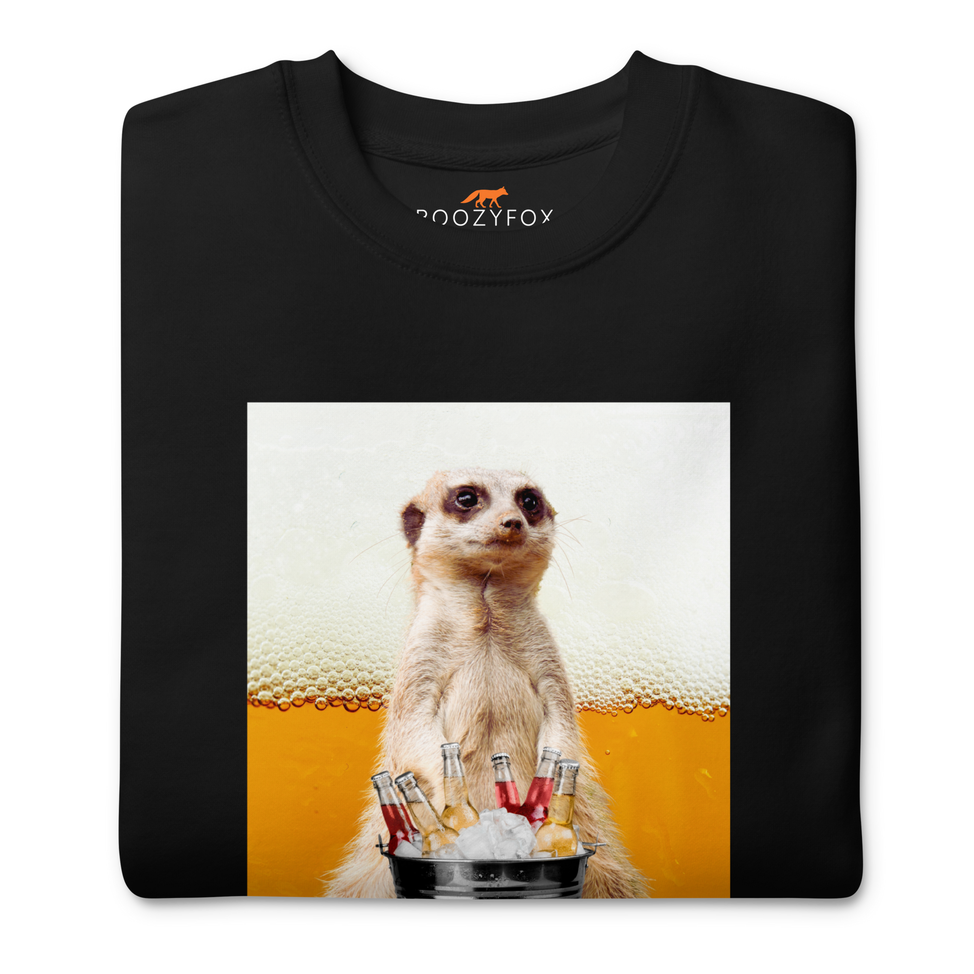 Front details of a Black Meerkat Graphic Premium Sweatshirt - Boozy Fox