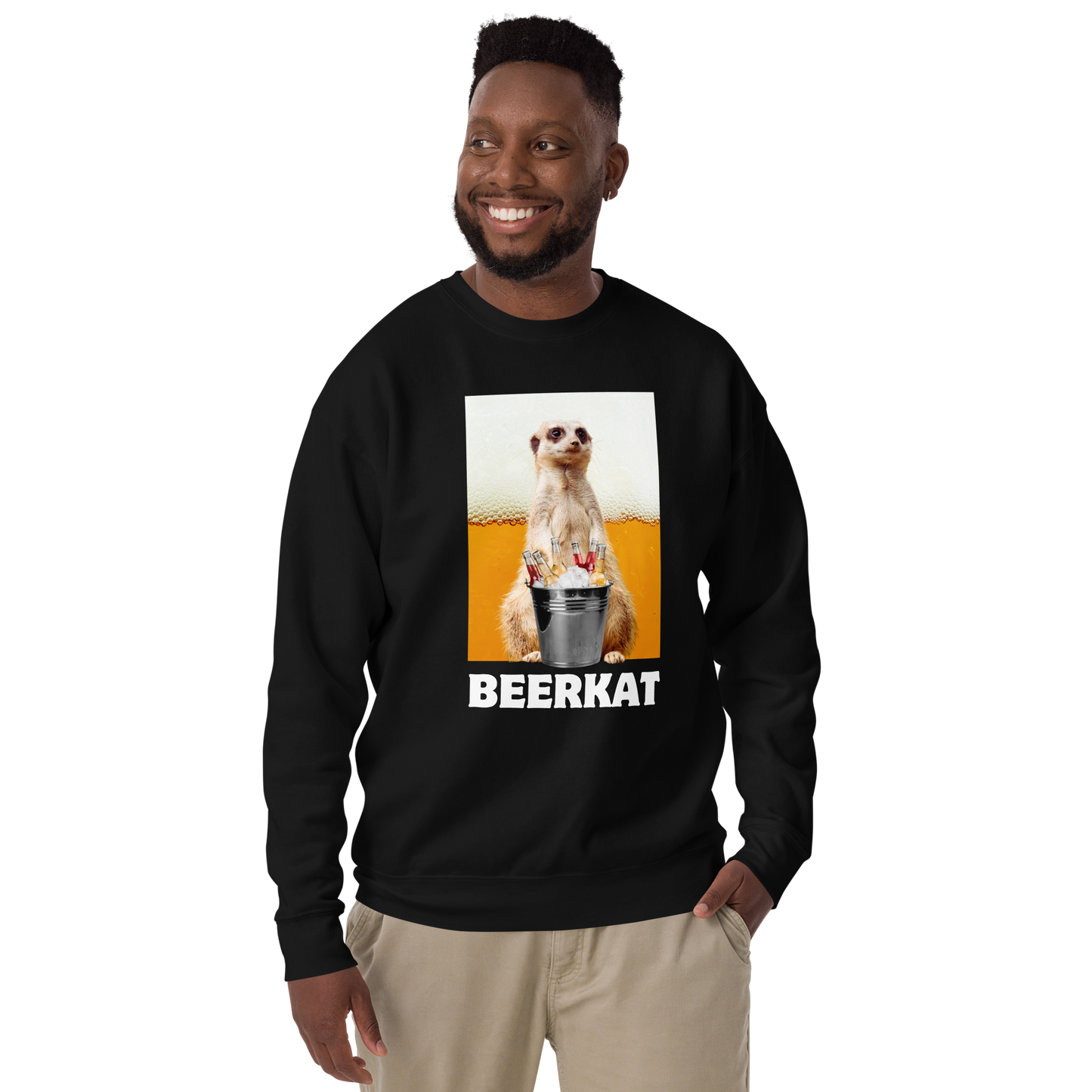 Smiling man wearing a Black Meerkat Graphic Premium Sweatshirt - Boozy Fox