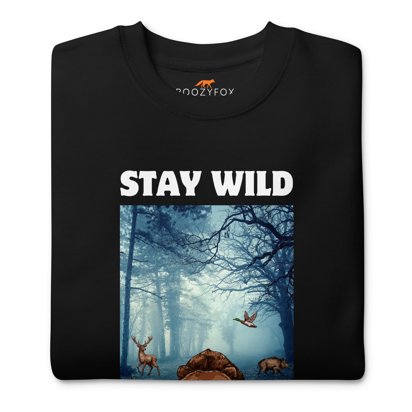 Front details of a Black Stay Wild Bear Graphic Premium Sweatshirt - Boozy Fox