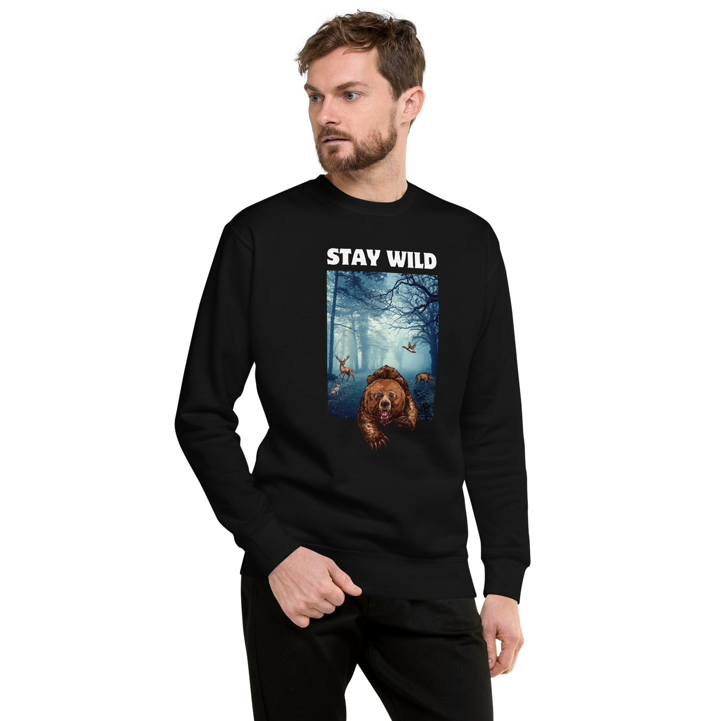 Man wearing a Black Stay Wild Bear Graphic Premium Sweatshirt - Boozy Fox