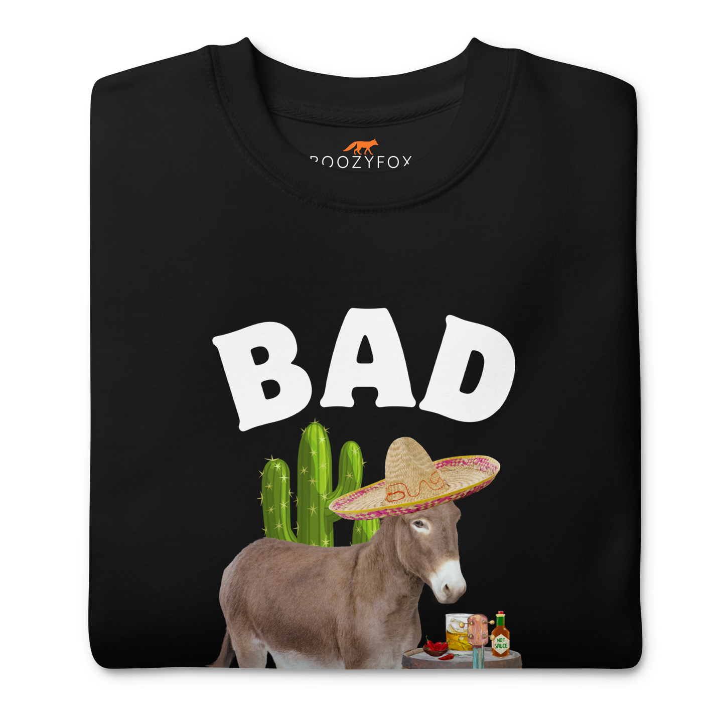 Front details of a Black Bad Ass Donkey Graphic Premium Sweatshirt - Boozy Fox