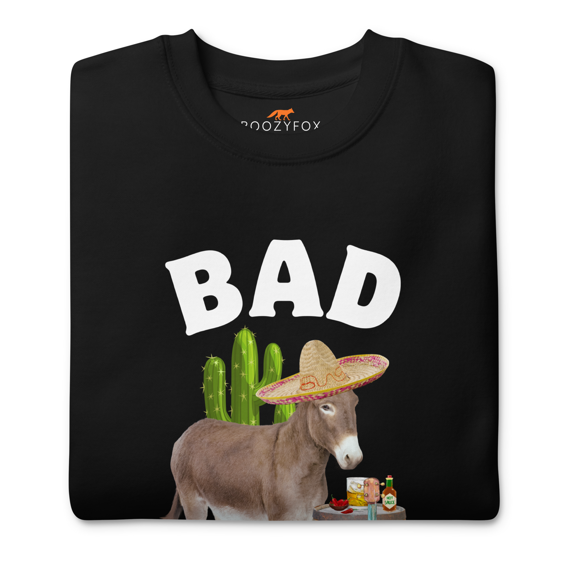 Front details of a Black Bad Ass Donkey Graphic Premium Sweatshirt - Boozy Fox