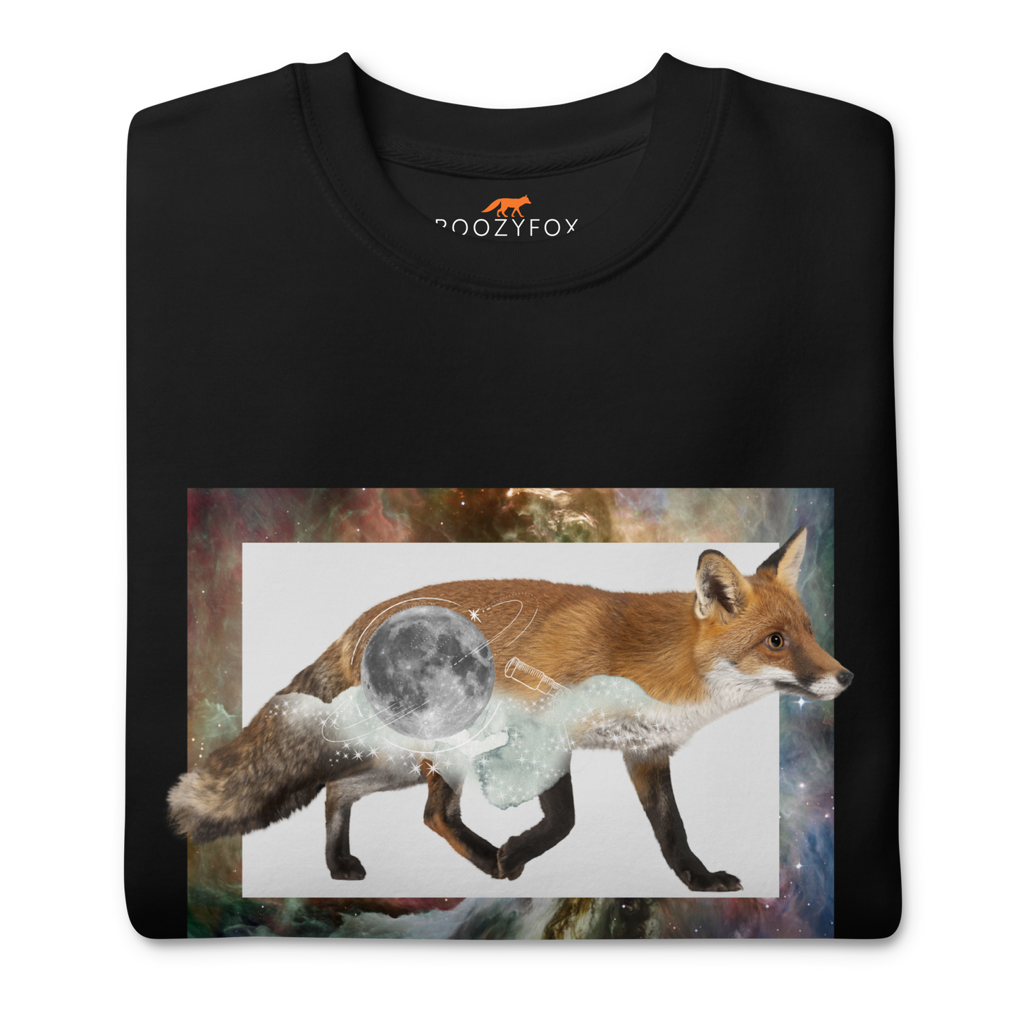 Front details of a Black Space Fox Graphic Premium Sweatshirt - Boozy Fox