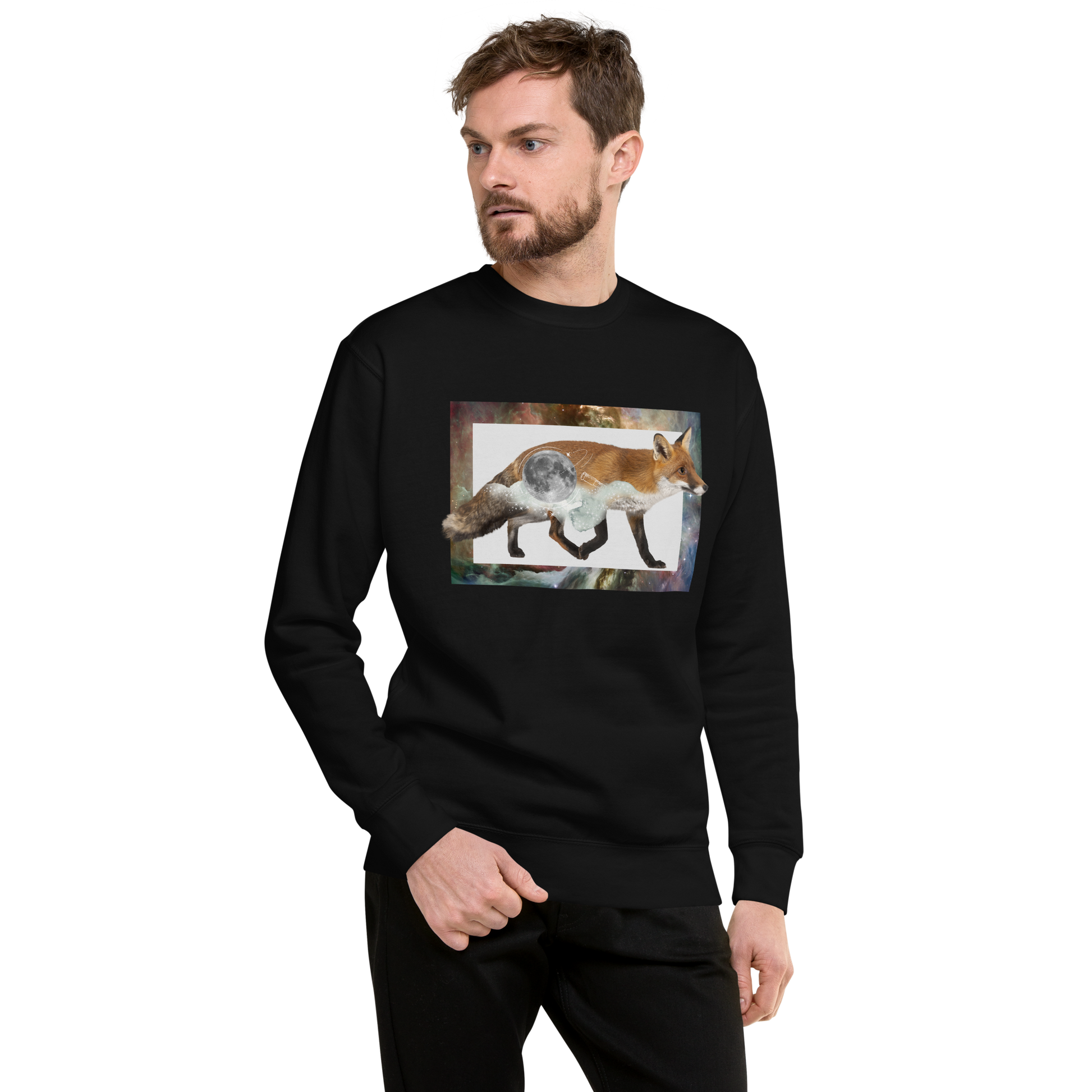Smiling man wearing a Black Space Fox Graphic Premium Sweatshirt - Boozy Fox