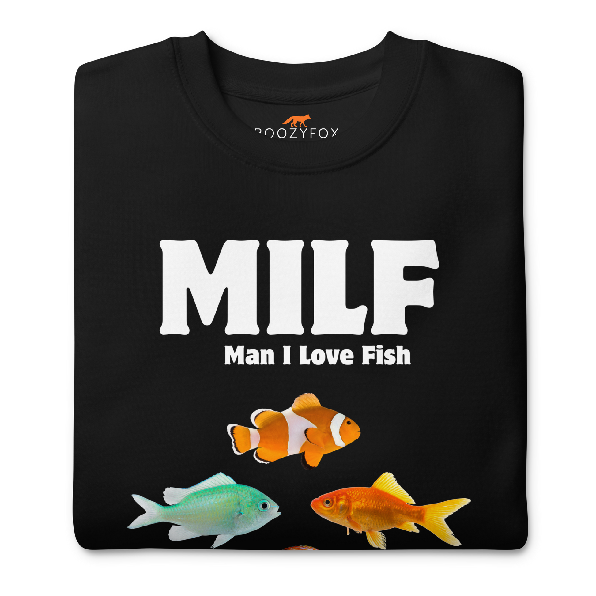 Front details of a Black Man I Love Fish Graphic Premium Sweatshirt - Boozy Fox