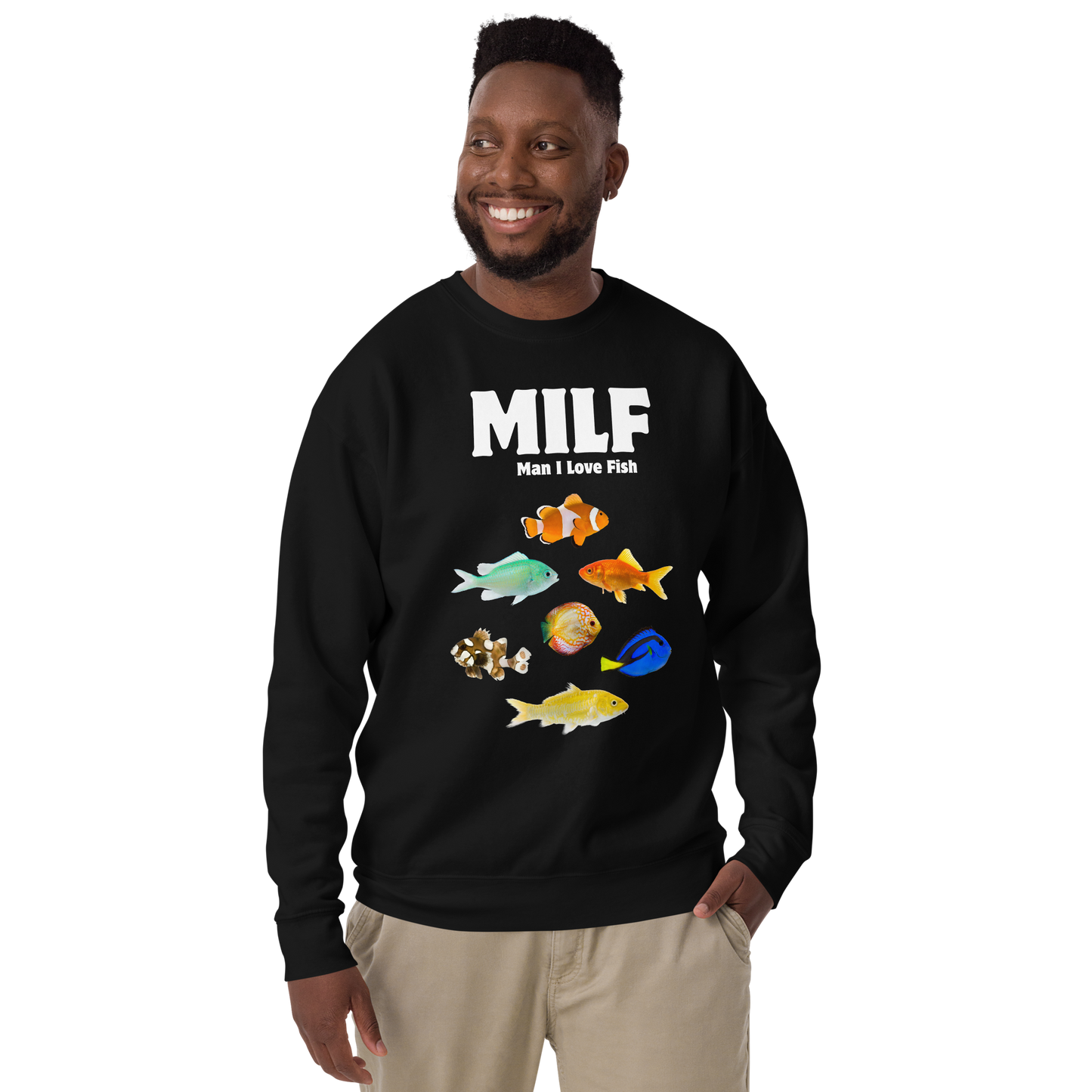 Smiling man wearing a Black Man I Love Fish Graphic Premium Sweatshirt - Boozy Fox
