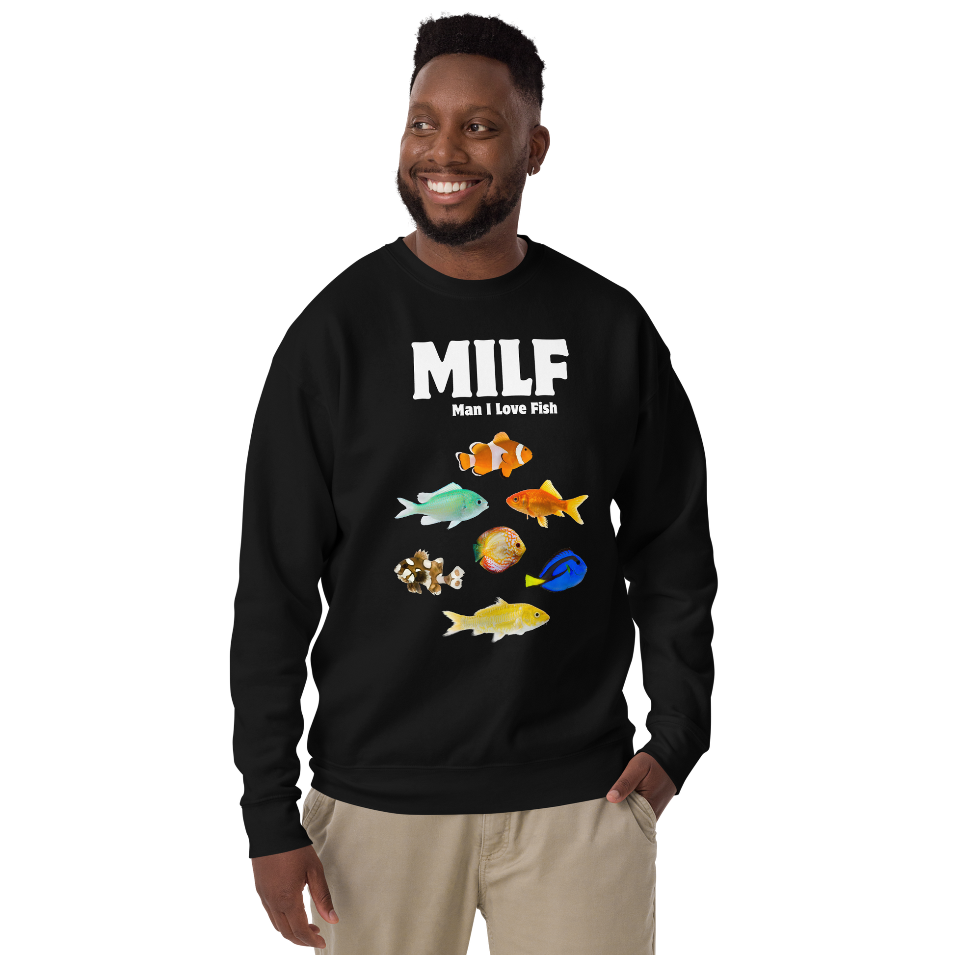 Smiling man wearing a Black Man I Love Fish Graphic Premium Sweatshirt - Boozy Fox