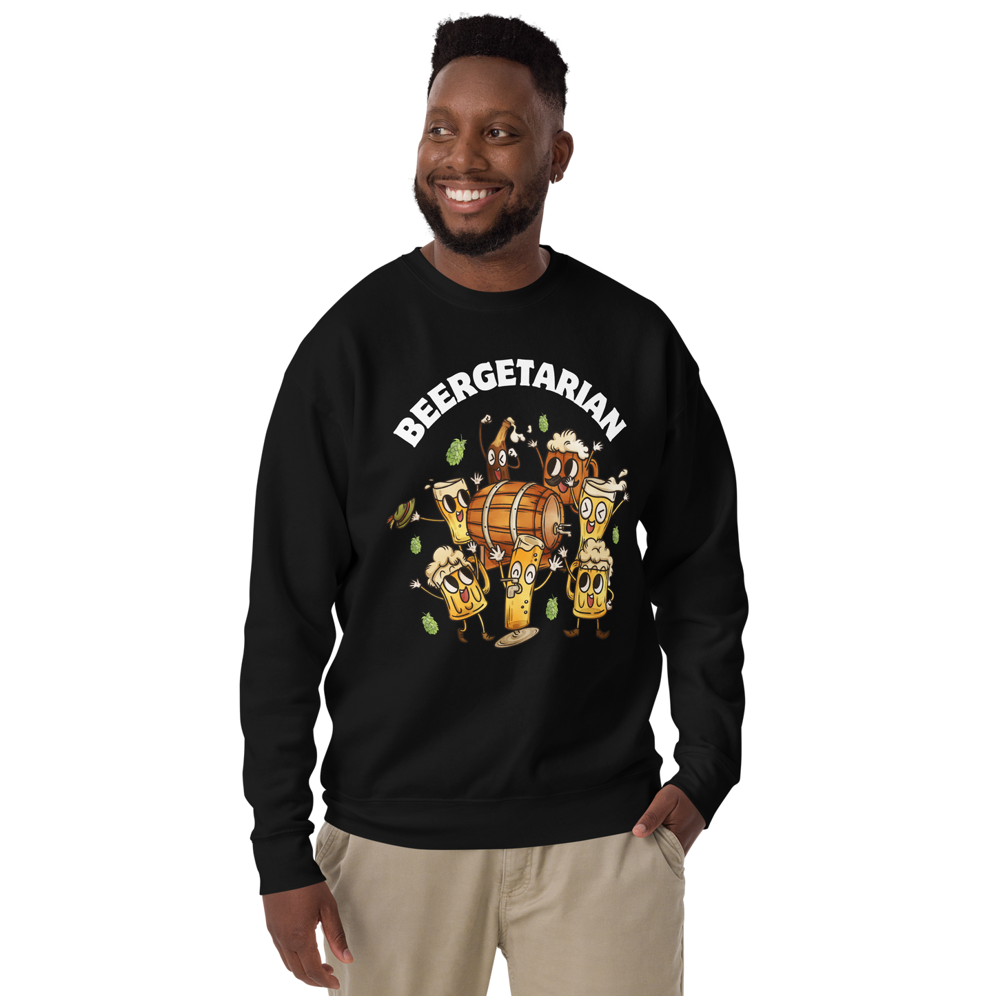 Smiling man wearing a black Beergetarian Beer Graphic Premium Sweatshirt - Boozy Fox