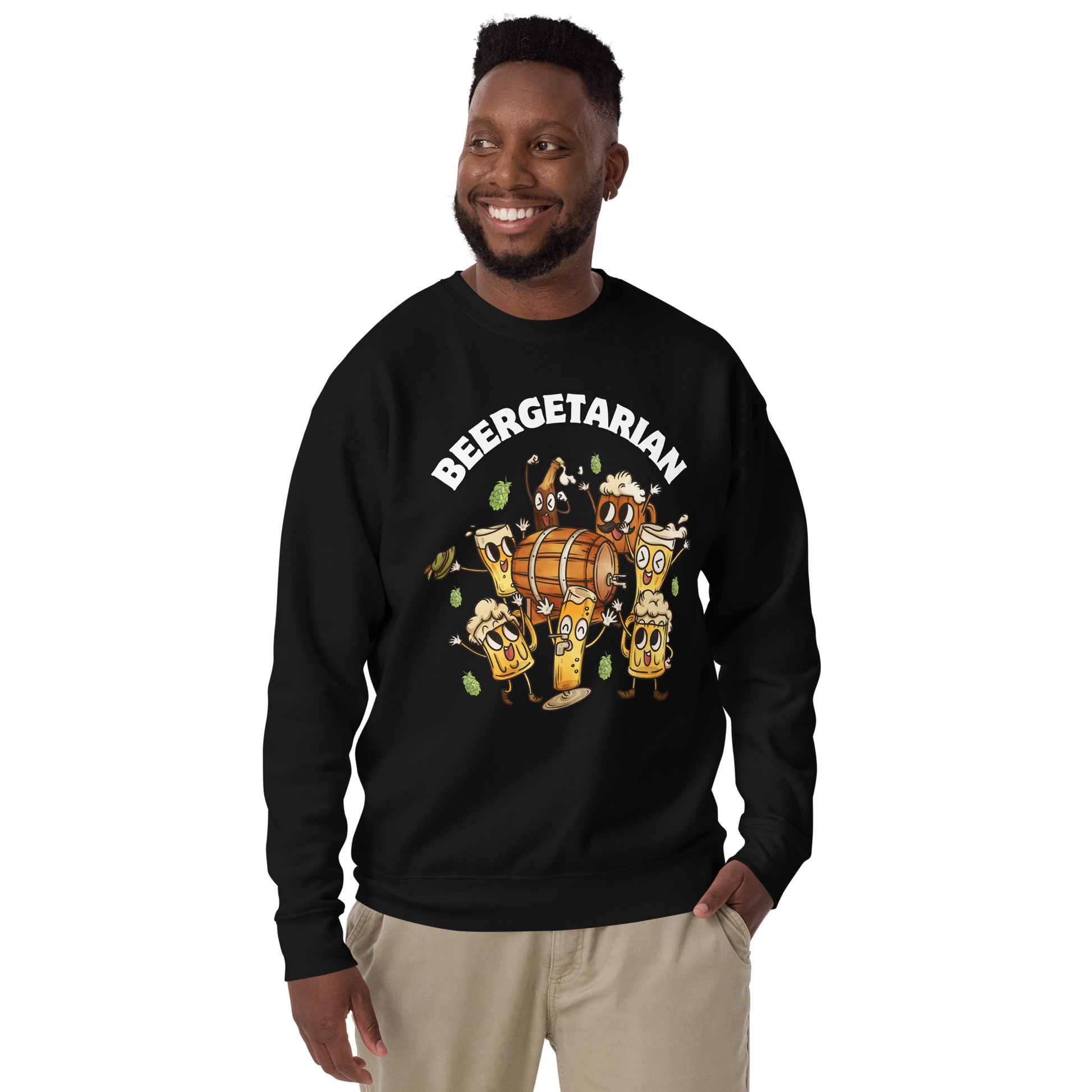Smiling man wearing a black Beergetarian Beer Graphic Premium Sweatshirt - Boozy Fox