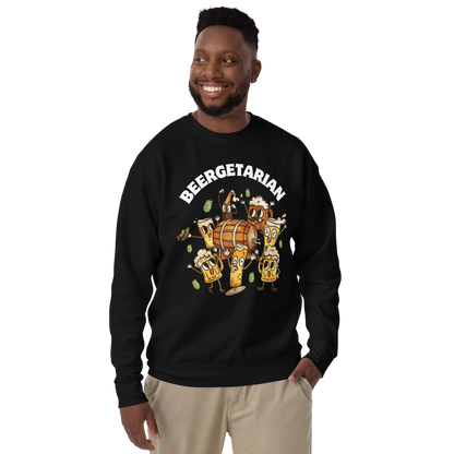 Smiling man wearing a black Beergetarian Beer Graphic Premium Sweatshirt - Boozy Fox