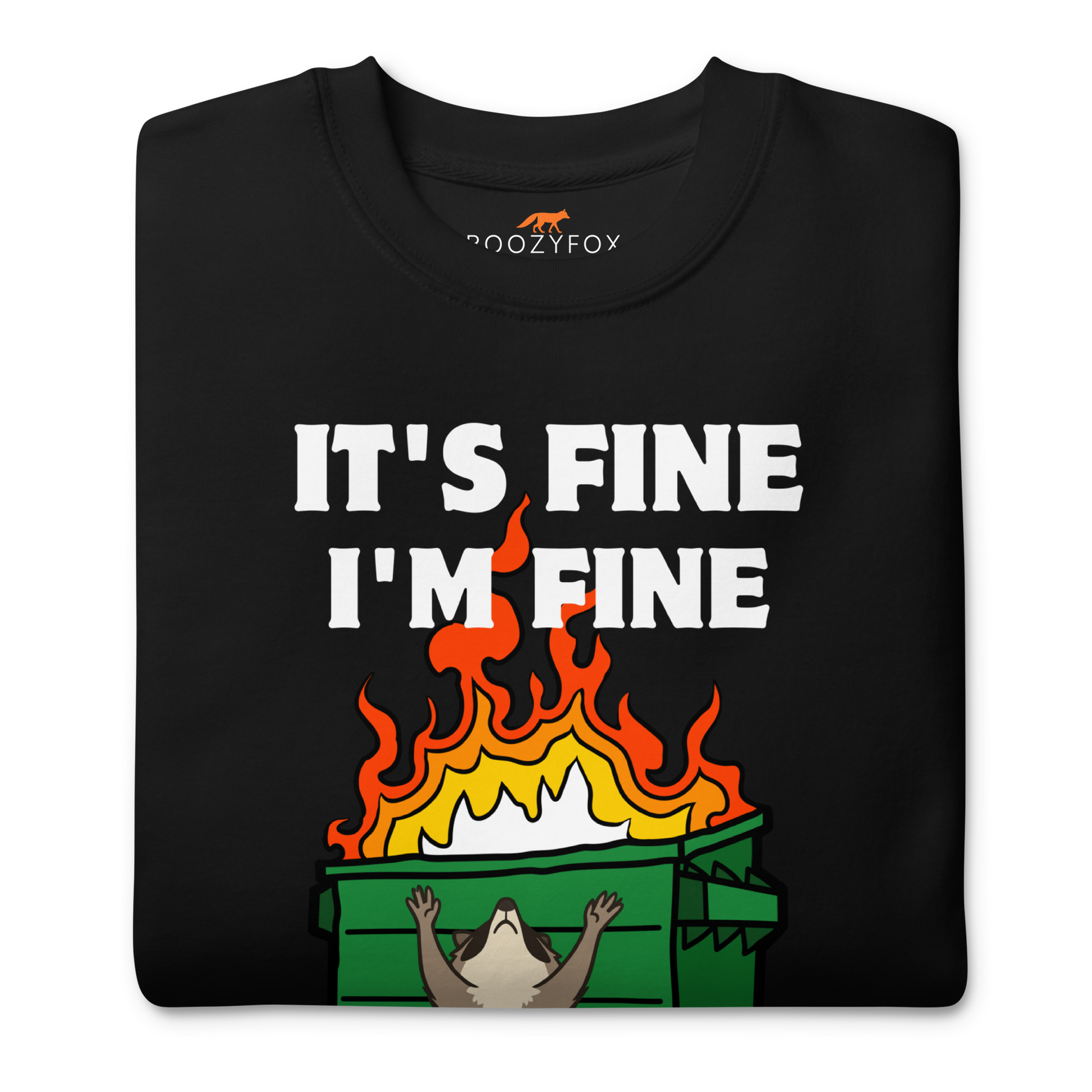 Front details of a Funny Dumpster Fire Raccoon premium graphic sweatshirt in black by Boozy Fox