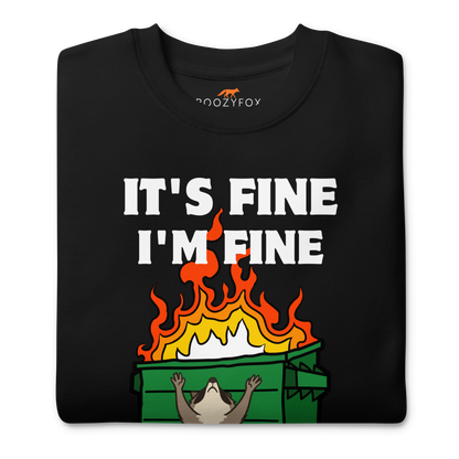 Front details of a Funny Dumpster Fire Raccoon premium graphic sweatshirt in black by Boozy Fox